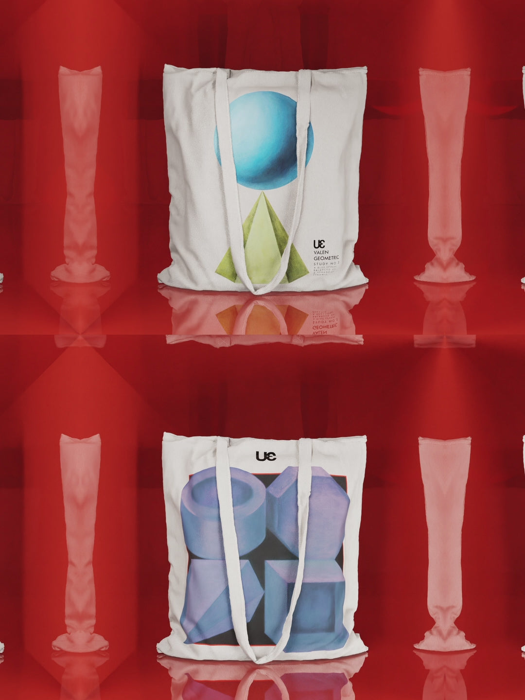 A video of two spinning tote bags with geometric prints on them teasing the Accessories collection.