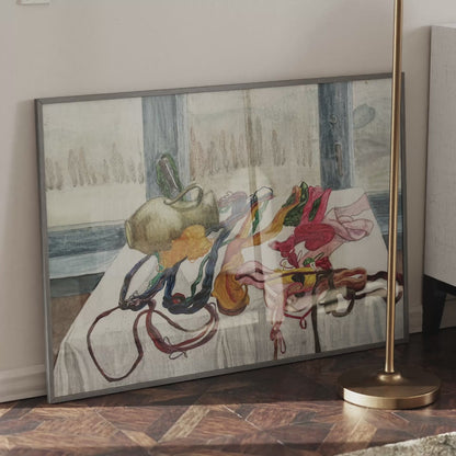 Figurative framed art print with colored threads, with reflection in the glass of a ray of light that vanishes.